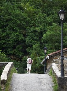06678-Acordeonista atraviesa el Puente de la Rabia. Zubiri, Nava
